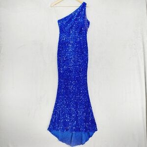 New Love & Lemonade One Shoulder Blue Sequin Sleeveless Maxi Dress P5738